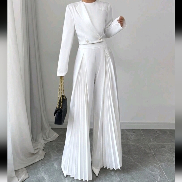 Women's Elegant Suit Set: Round Neck Long Sleeve Jacket And Solid Color Pants - Picture 1 of 4